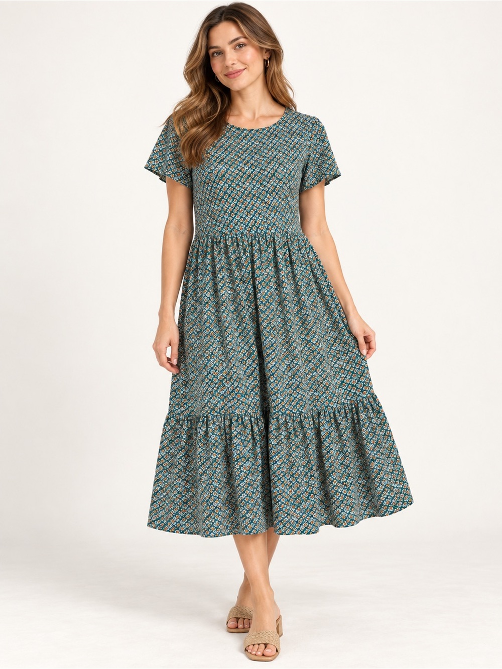 Boden Green Ditsy Floral Tiered Midi Dress Size 4